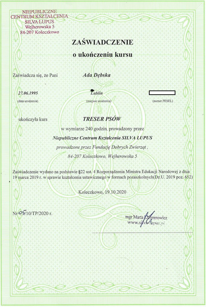 Certyfikat szkolenia Treser Psów | Ada Drużbańska trener, behawiorysta psów Piaseczno i Warszawa | Skuteczne szkolenia dla psów z behawiorystą | Po Pieskiemu
