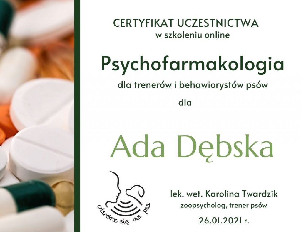 Certyfikat szkolenia Psychofarmakologia | Ada Drużbańska trener, behawiorysta psów Piaseczno i Warszawa | Skuteczne szkolenia dla psów z behawiorystą | Po Pieskiemu